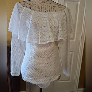 BCBGMaxAzria White Lace Off-shoulder Bodysuit
